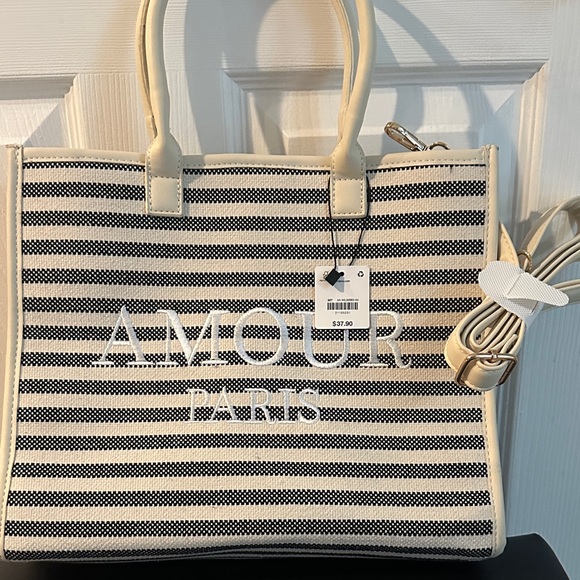 amour paris Handbags - Amour Paris Striped Black and Cream Tote Bag